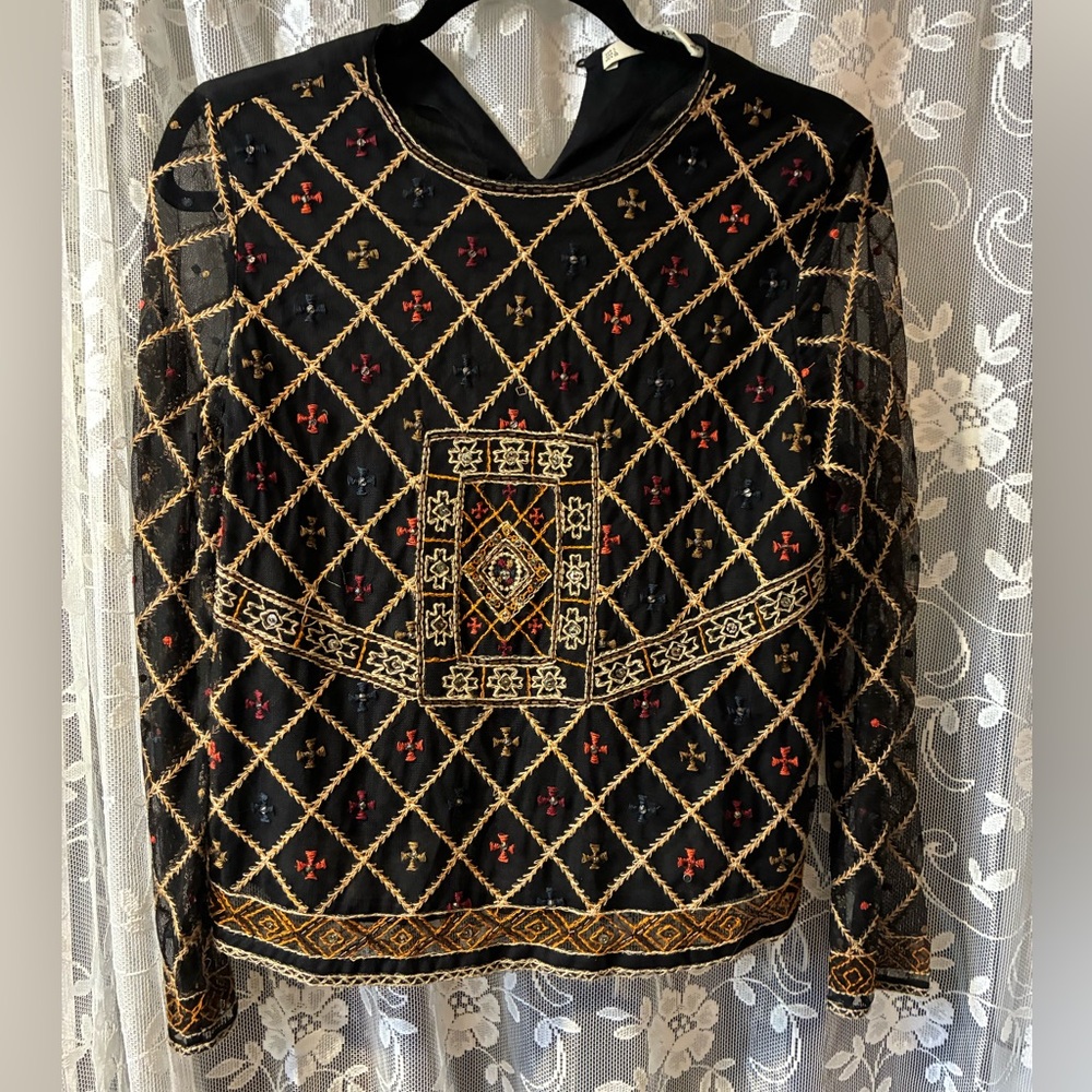 Zara Black Top Gold Orange, blue, red Embroidery size large Zara basic sequin